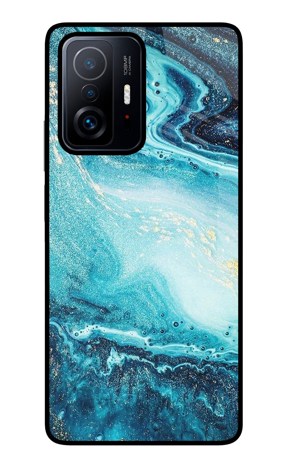 Blue Glitter Marble Mi 11T Pro 5G Glass Case Back Cover by Casekaro