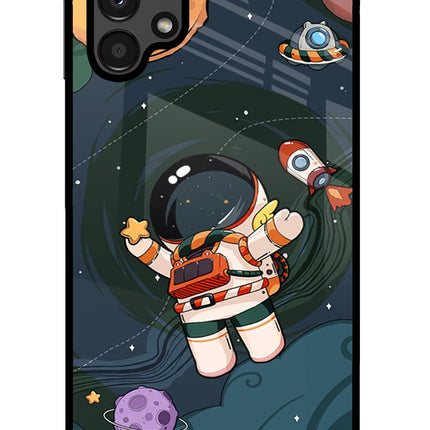 Cartoon Astronaut Samsung A13 4G Glass Case Back Cover by Casekaro