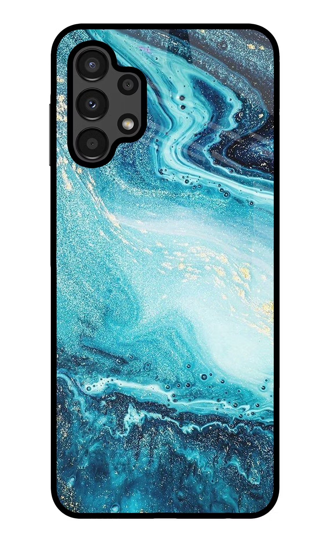 Blue Glitter Marble Samsung A13 4G Glass Case Back Cover by Casekaro