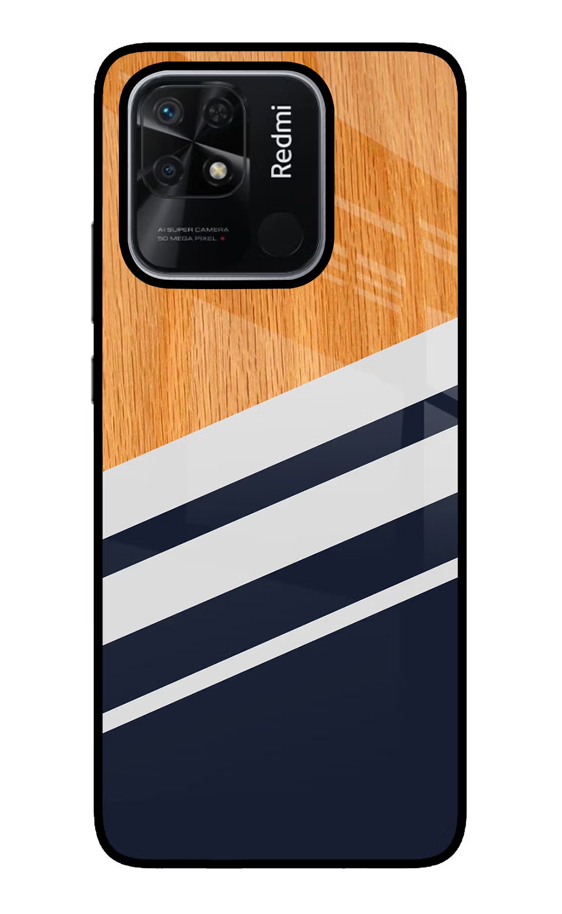 Blue and white wooden Redmi 10/10 Power Glass Case Back Cover by Casekaro