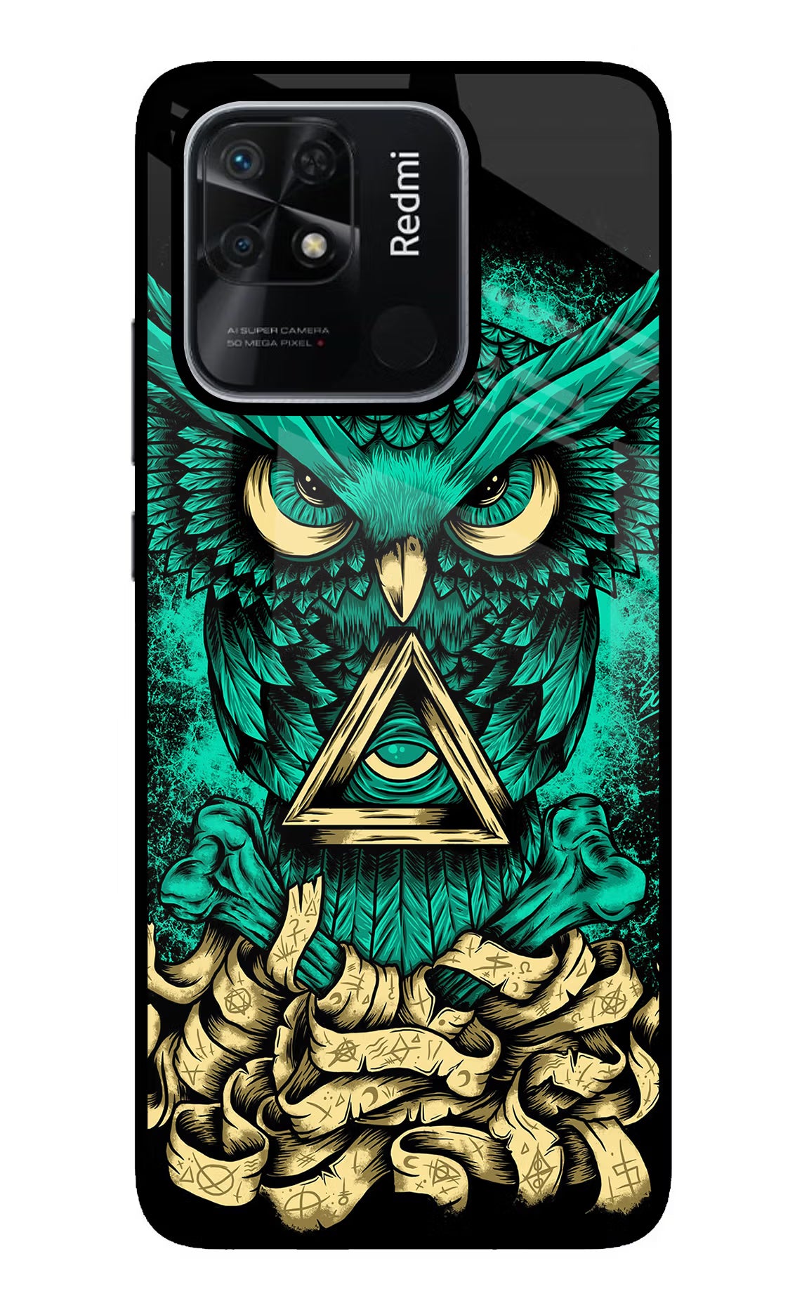 Green Owl Redmi 10/10 Power Glass Case Back Cover by Casekaro