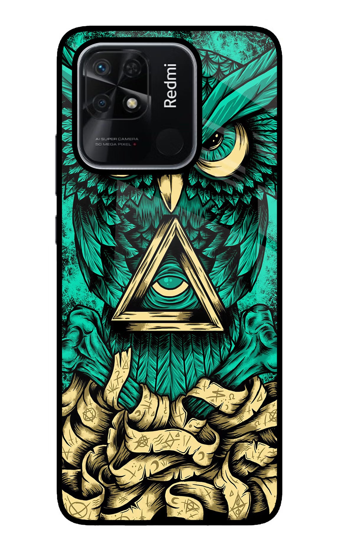 Green Owl Redmi 10/10 Power Glass Case Back Cover by Casekaro