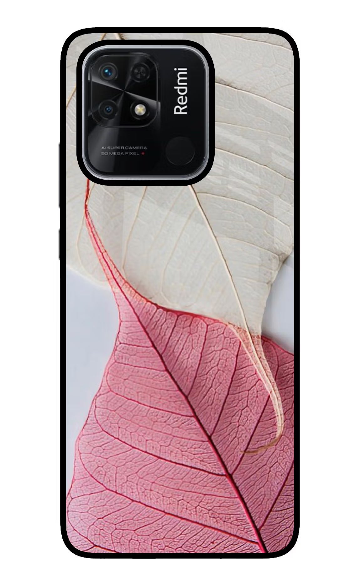 White Pink Leaf Redmi 10/10 Power Glass Case Back Cover by Casekaro