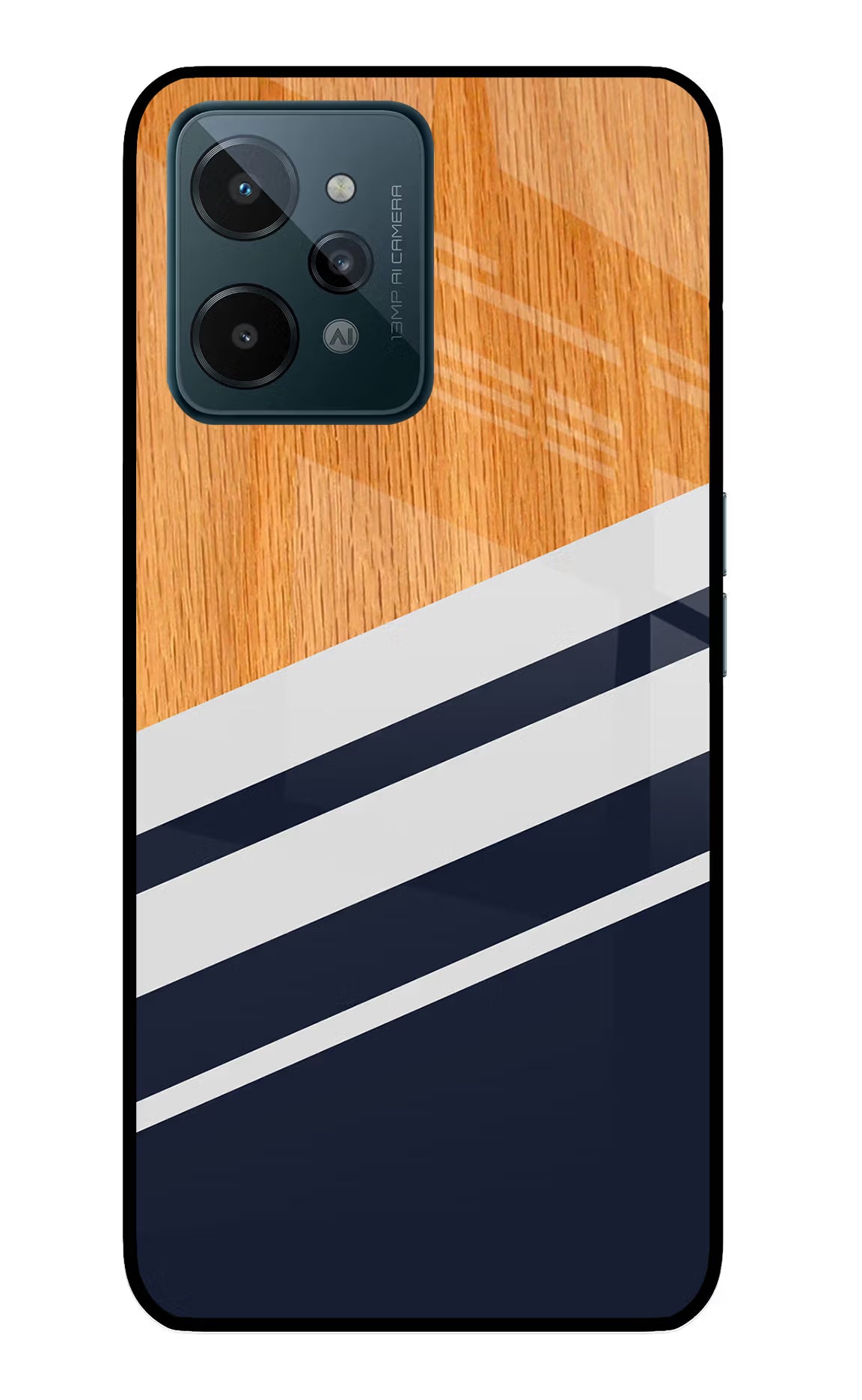 Blue and white wooden Realme C31 Glass Case