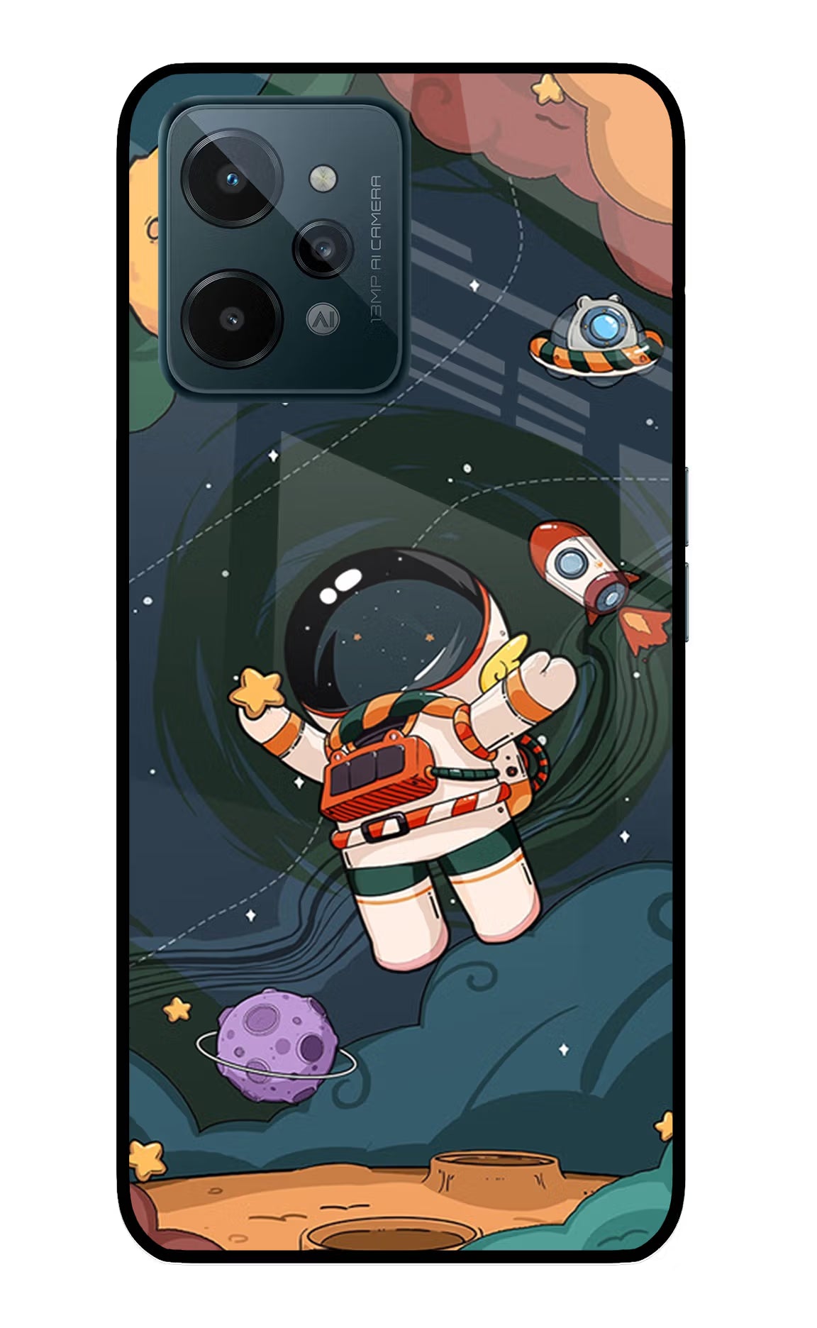 Cartoon Astronaut Realme C31 Glass Case Back Cover by Casekaro