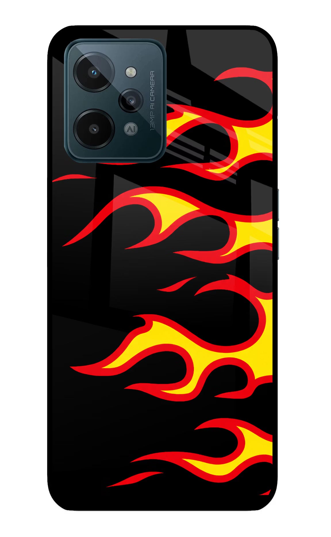 Side Sweep Flames Realme C31 Glass Case Back Cover by Casekaro