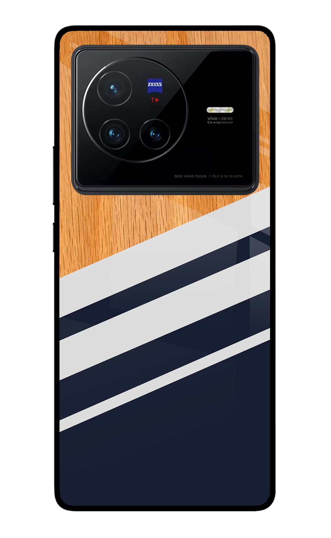 Blue and white wooden Vivo X80 Glass Case Back Cover by Casekaro