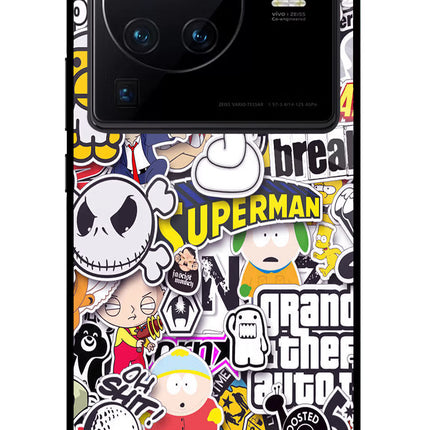 Sticker Bomb Vivo X80 Pro Glass Case Back Cover by Casekaro