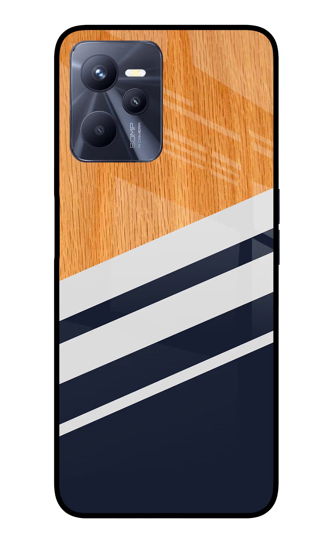 Blue and white wooden Realme C35 Glass Case Back Cover by Casekaro