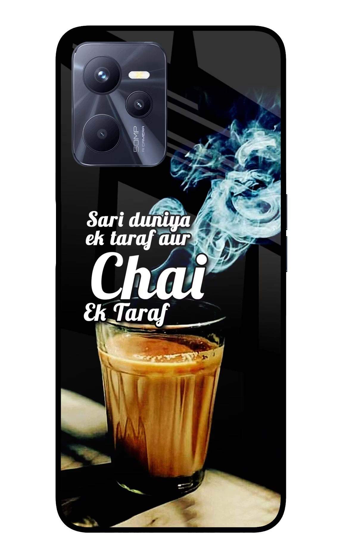 Chai Ek Taraf Quote Realme C35 Glass Case Back Cover by Casekaro