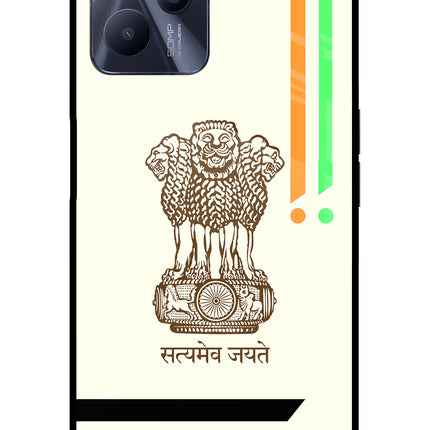 Satyamev Jayate Brown Logo Realme C35 Glass Case Back Cover by Casekaro