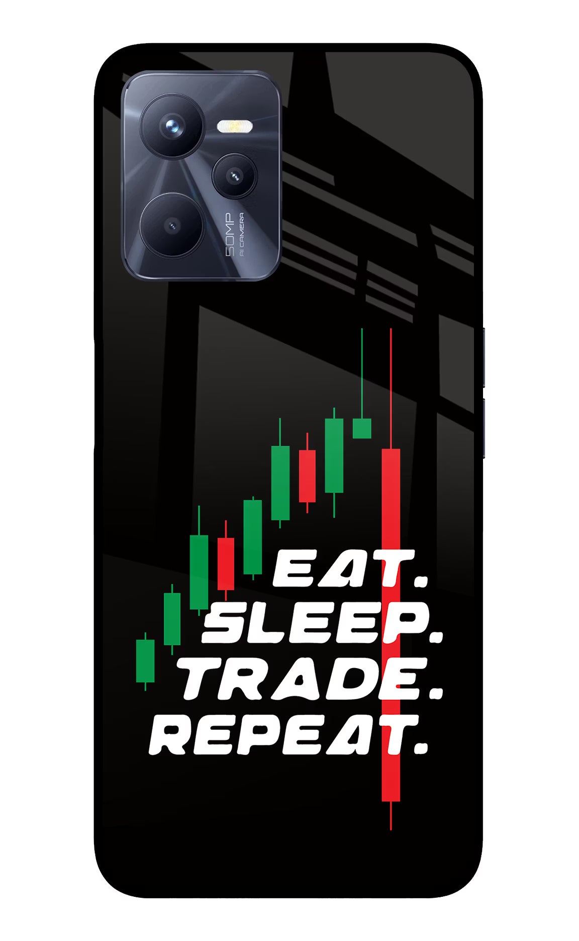 Eat Sleep Trade Repeat Realme C35 Glass Case Back Cover by Casekaro