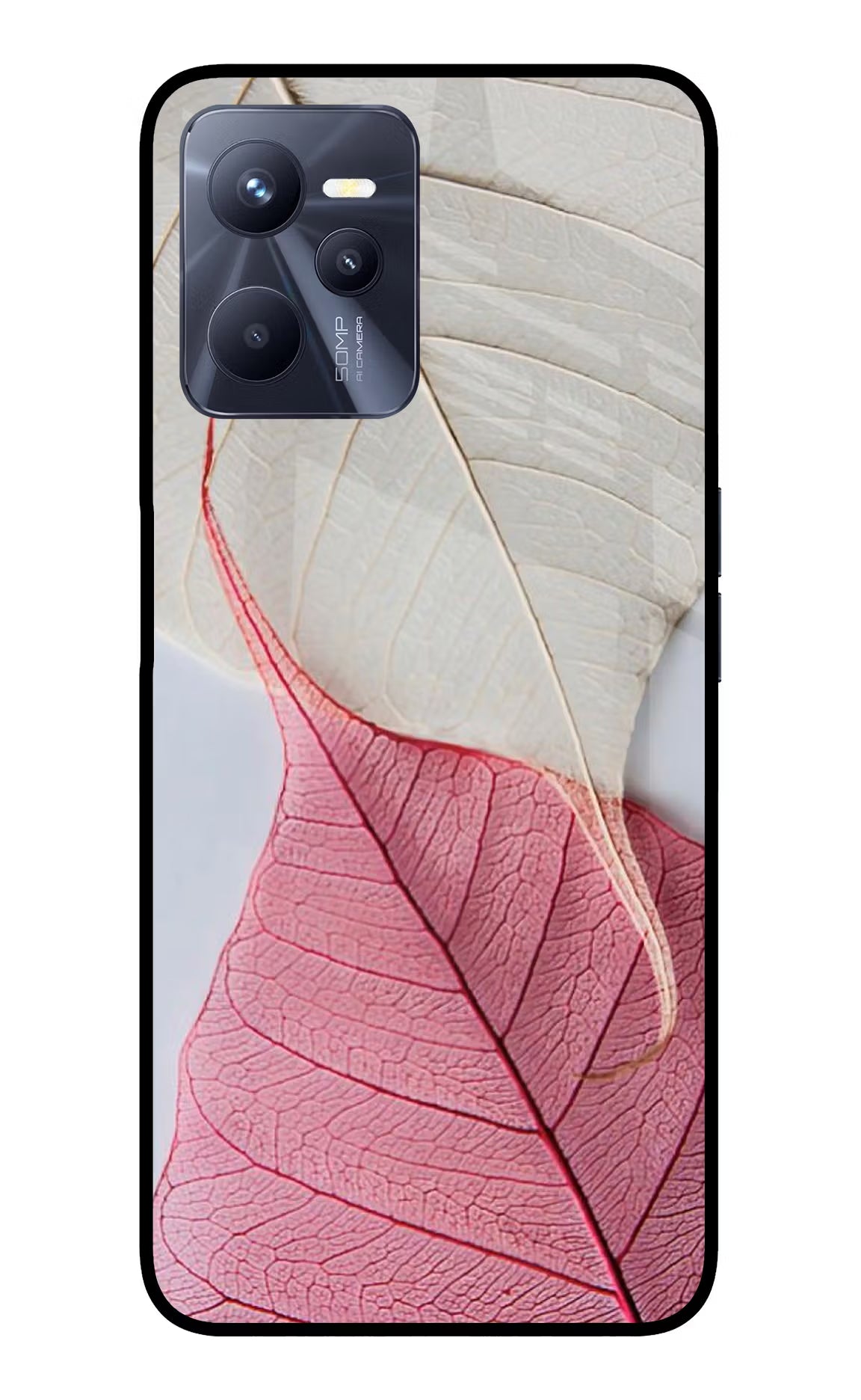 White Pink Leaf Realme C35 Glass Case Back Cover by Casekaro