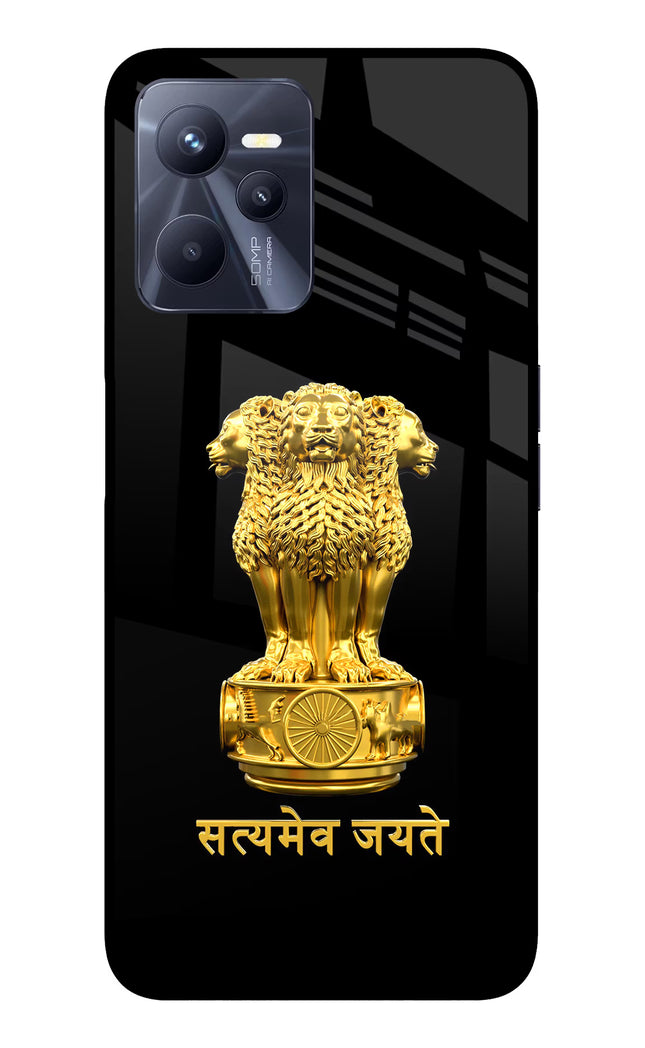 Satyamev Jayate Golden Realme C35 Glass Case Back Cover by Casekaro