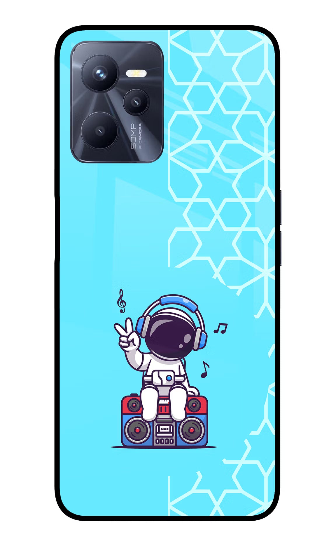 Cute Astronaut Chilling Realme C35 Glass Case Back Cover by Casekaro