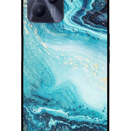 Blue Glitter Marble Realme C35 Glass Case Back Cover by Casekaro
