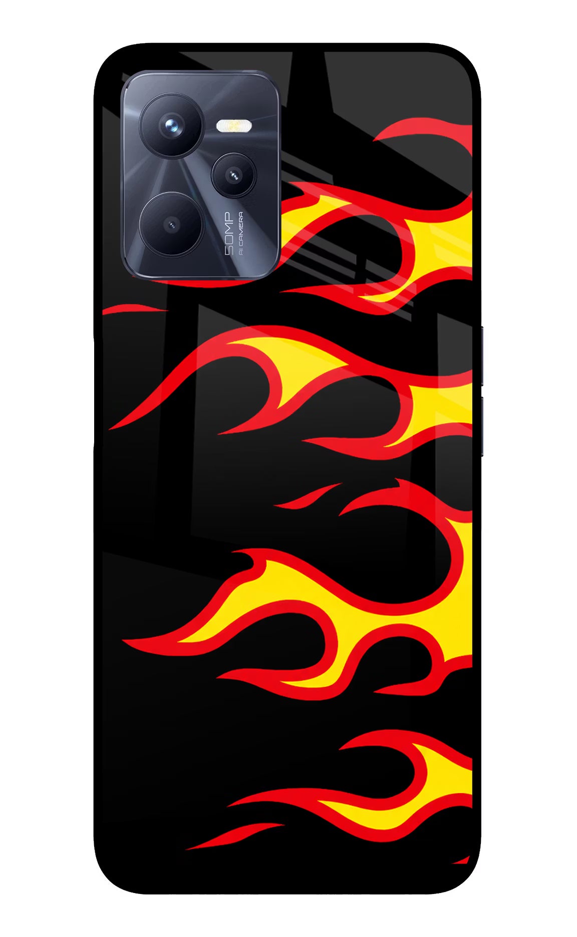 Side Sweep Flames Realme C35 Glass Case Back Cover by Casekaro