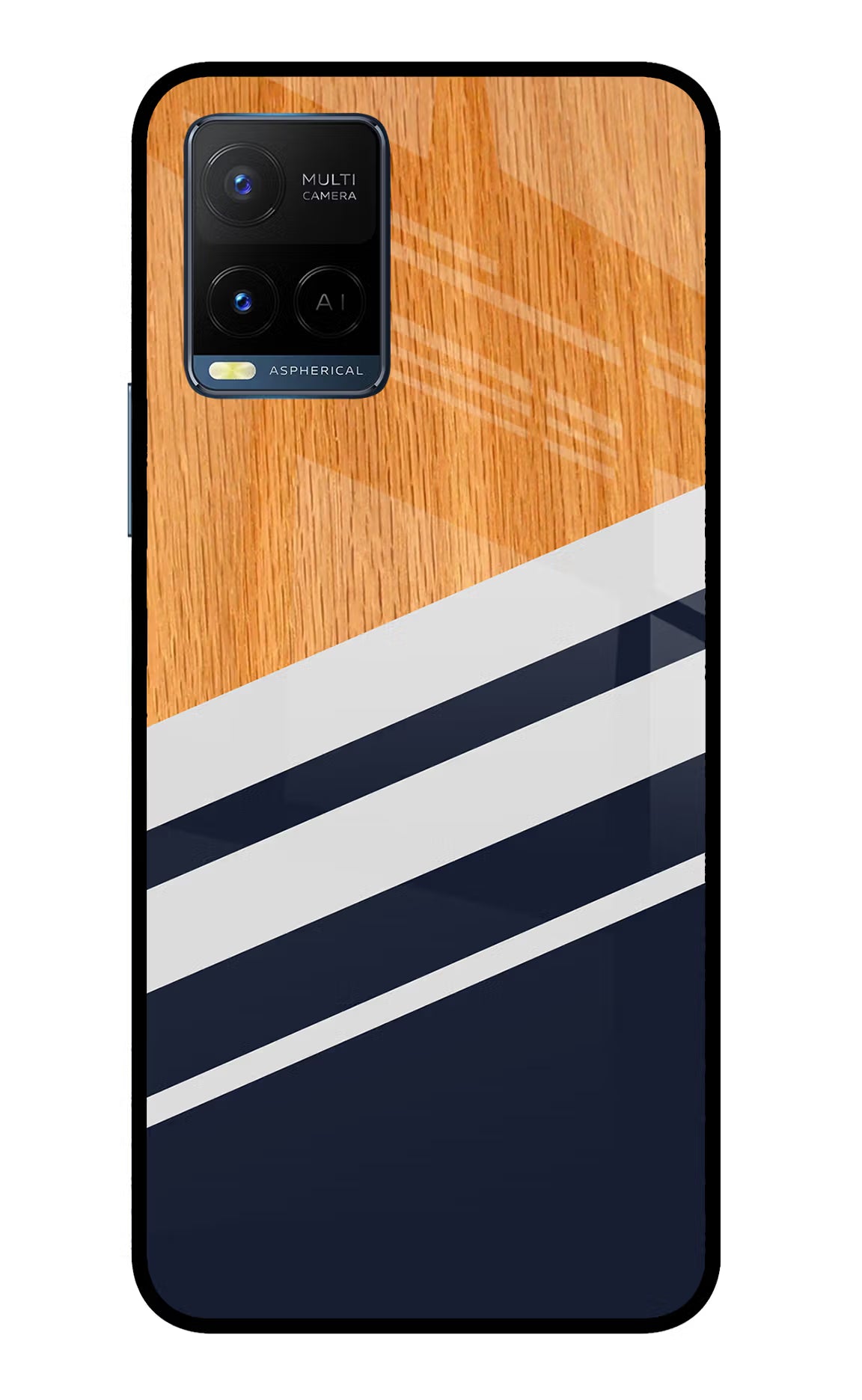 Blue and white wooden Vivo Y33T Glass Case Back Cover by Casekaro