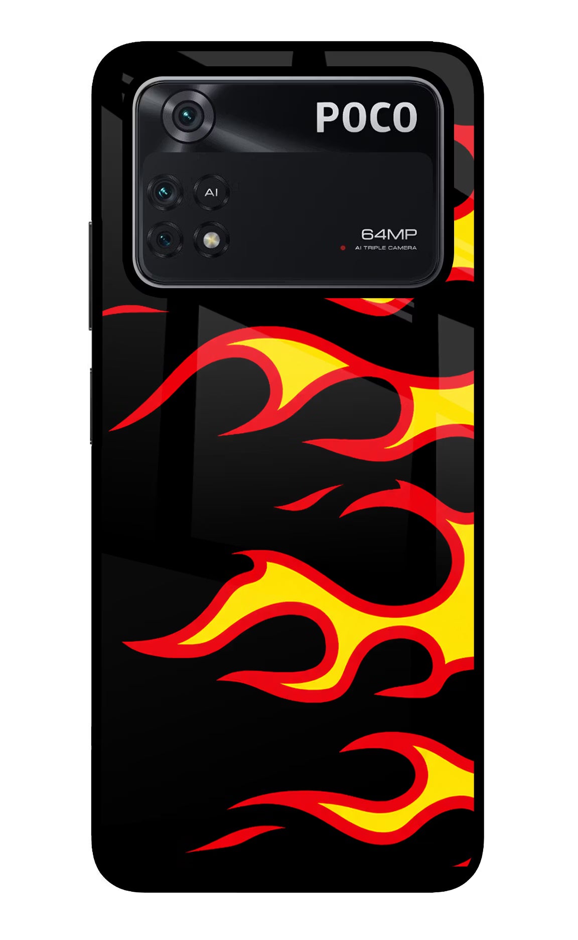 Side Sweep Flames Poco M4 Pro 4G Glass Case Back Cover by Casekaro