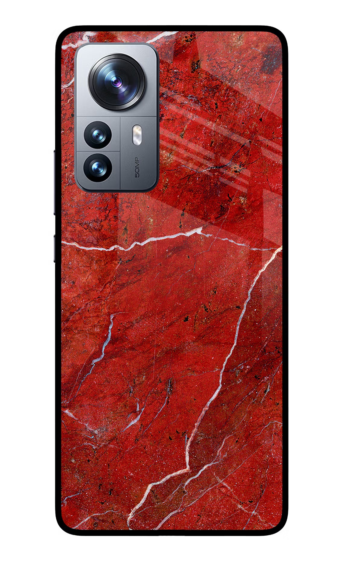 Red Marble Design Mi 12 Pro 5G Glass Case Back Cover by Casekaro