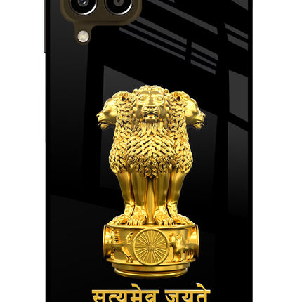 Satyamev Jayate Golden Samsung M33 5G Glass Case Back Cover by Casekaro
