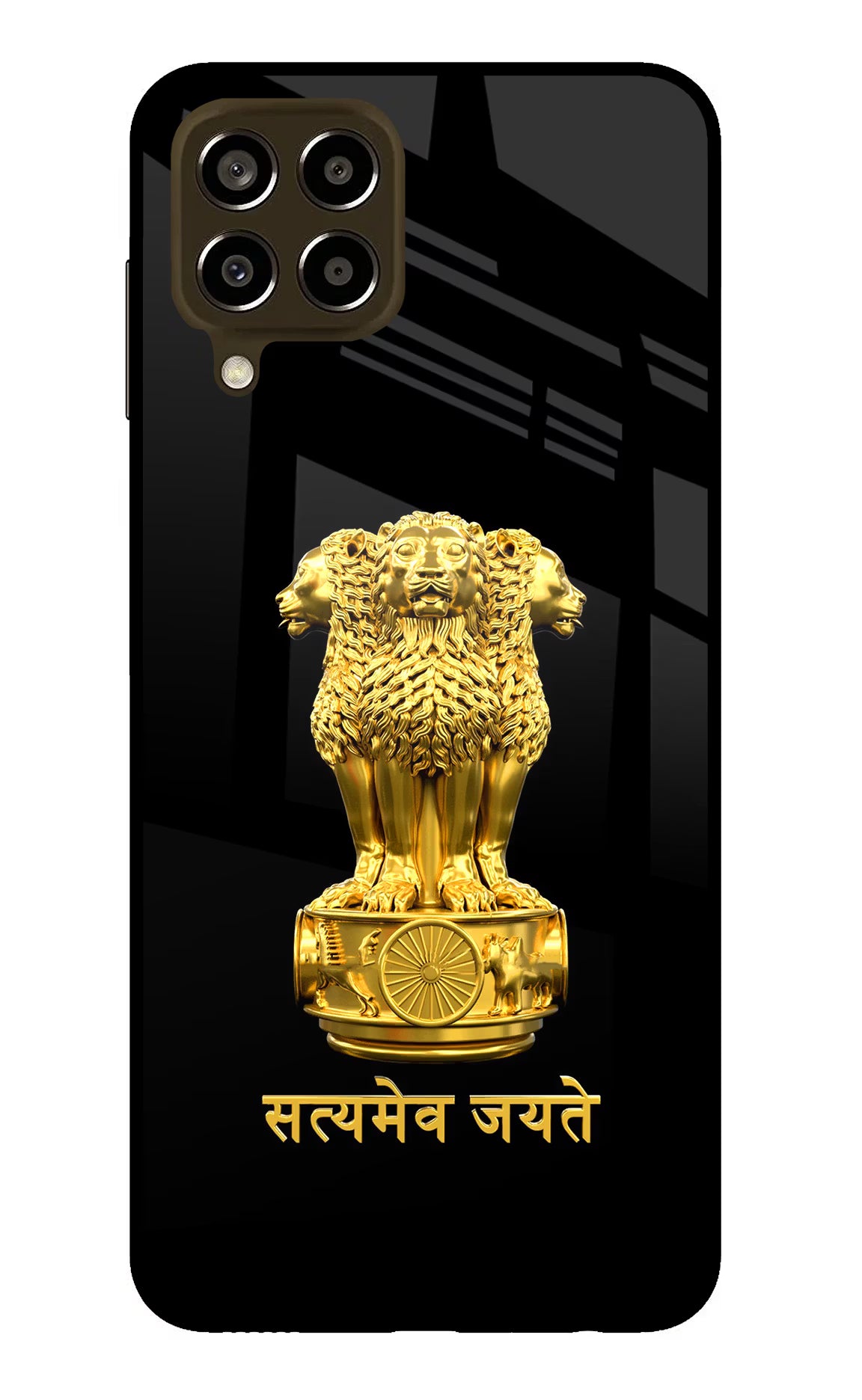 Satyamev Jayate Golden Samsung M33 5G Glass Case Back Cover by Casekaro