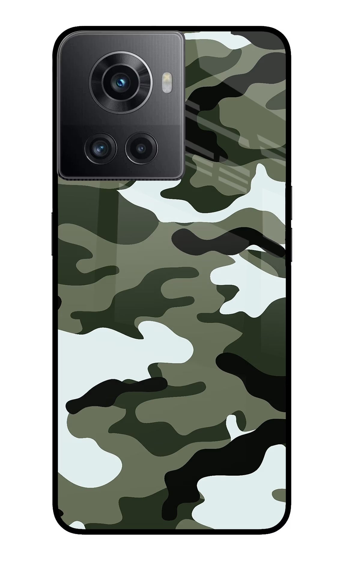Camouflage OnePlus 10R 5G Glass Case Back Cover by Casekaro