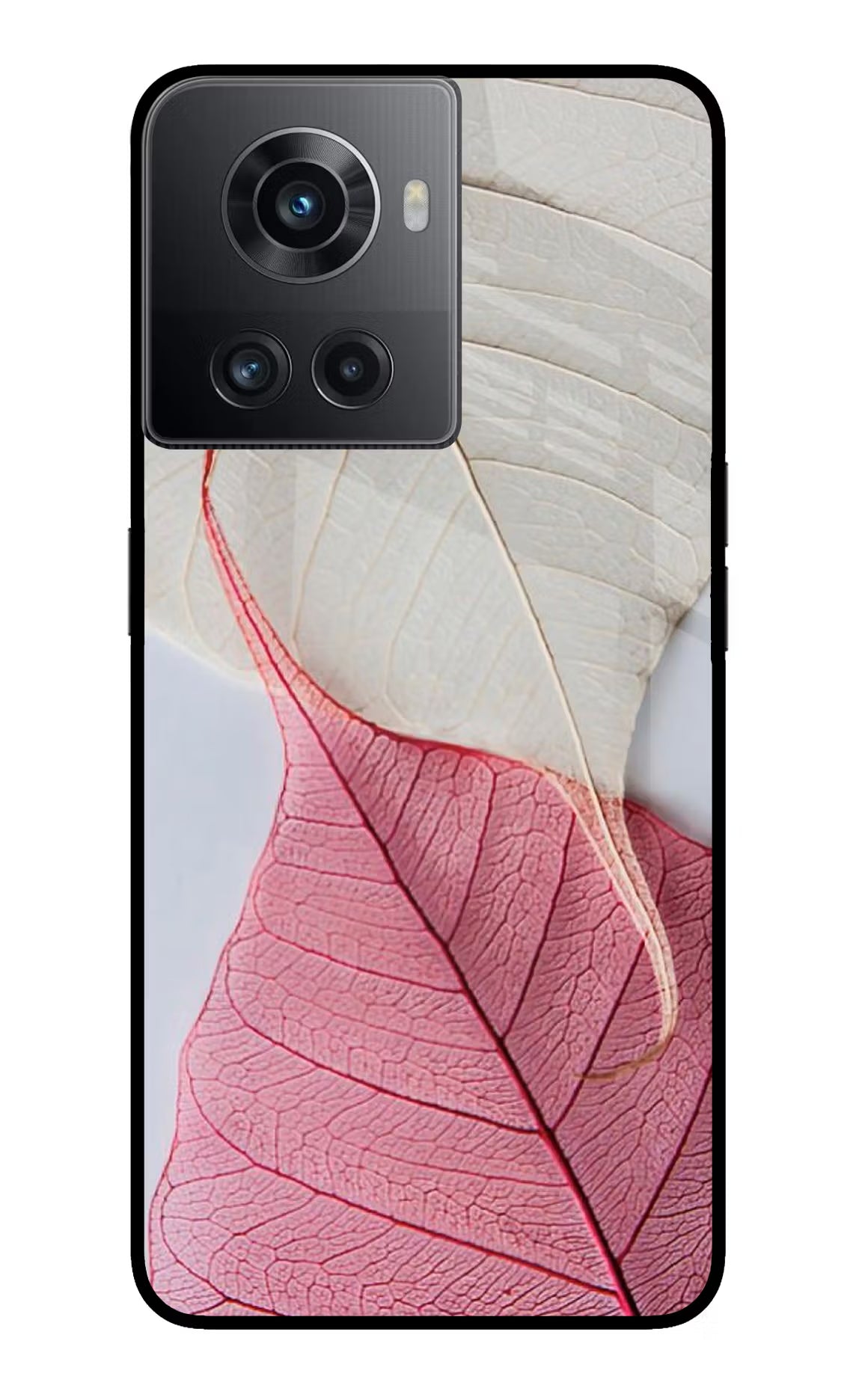 White Pink Leaf OnePlus 10R 5G Glass Case Back Cover by Casekaro