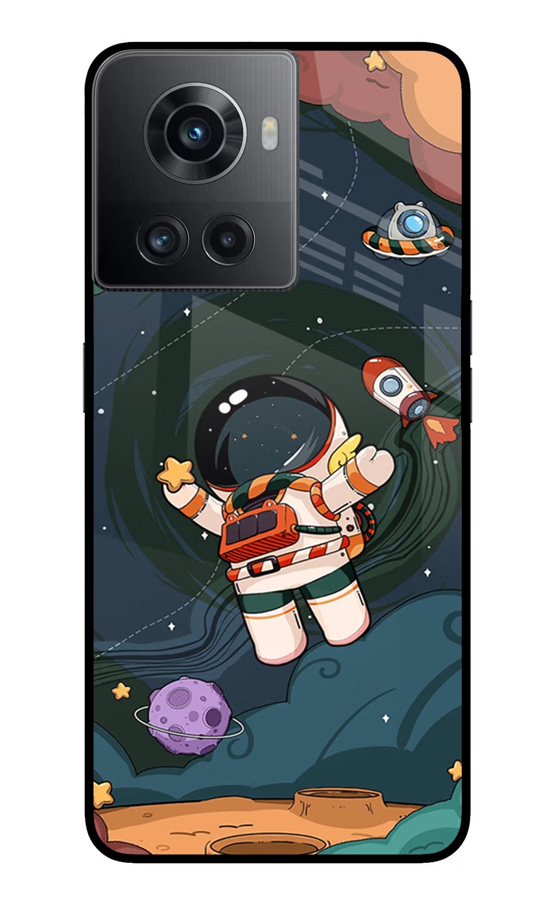 Cartoon Astronaut OnePlus 10R 5G Glass Case Back Cover by Casekaro
