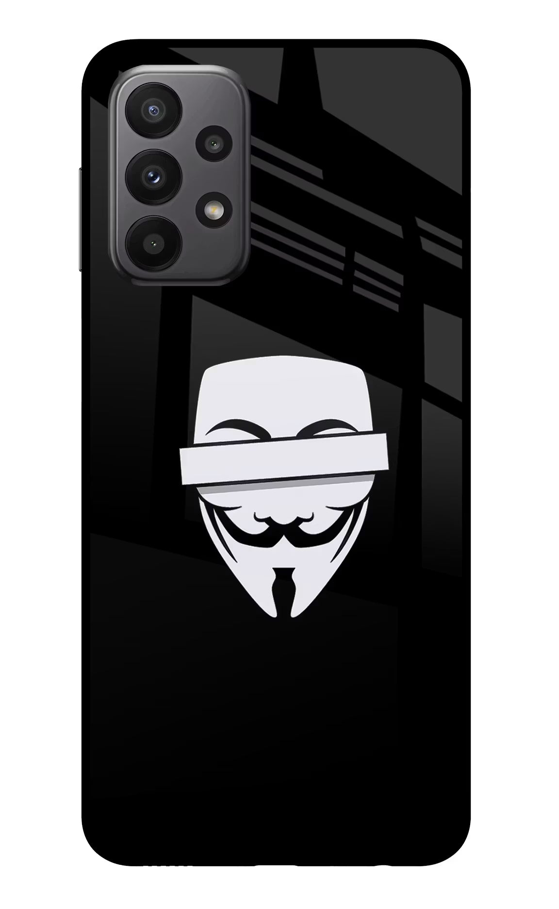 Anonymous Face Samsung A23 Glass Case Back Cover by Casekaro
