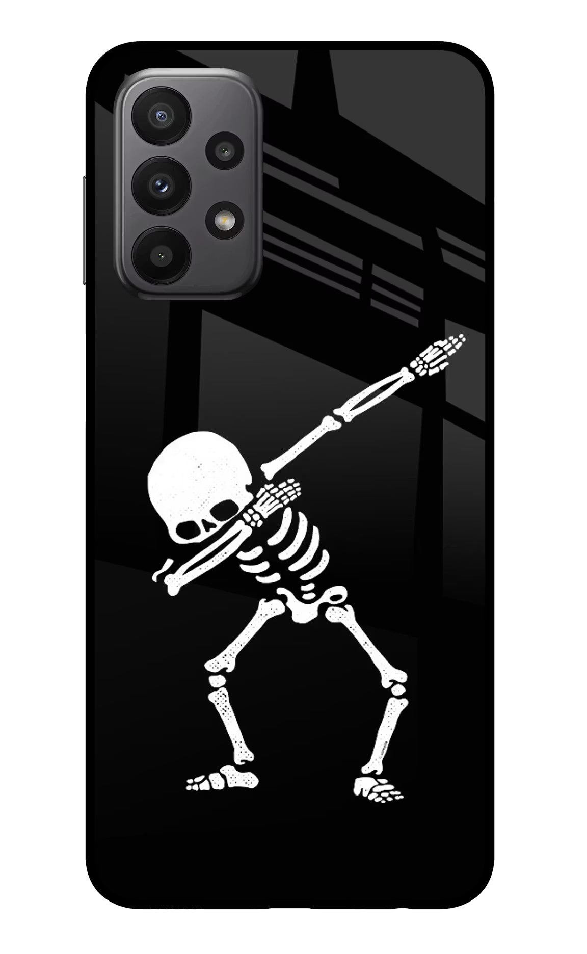 Dabbing Skeleton Art Samsung A23 Glass Case Back Cover by Casekaro
