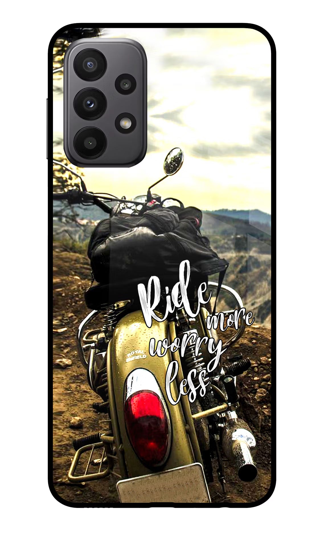 Ride More Worry Less Samsung A23 Glass Case Back Cover by Casekaro