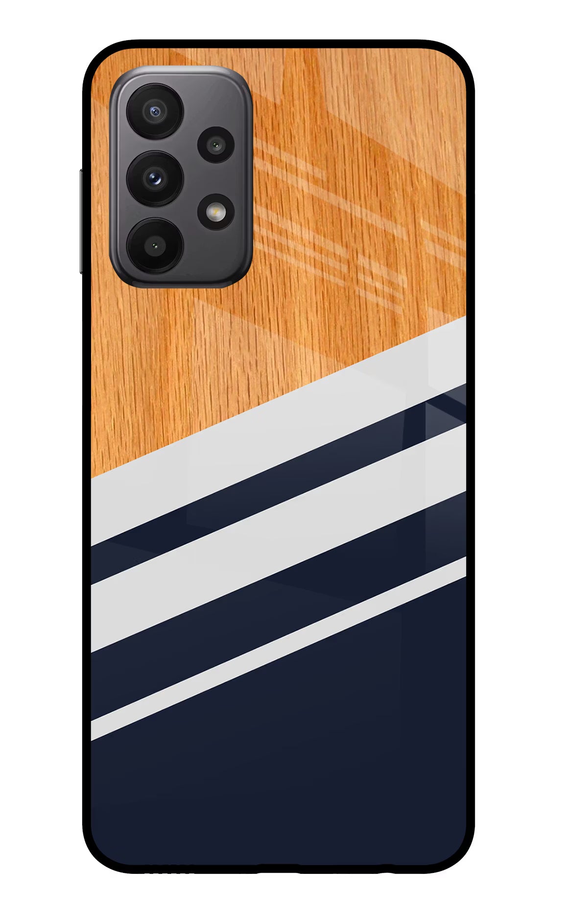 Blue and white wooden Samsung A23 Glass Case Back Cover by Casekaro