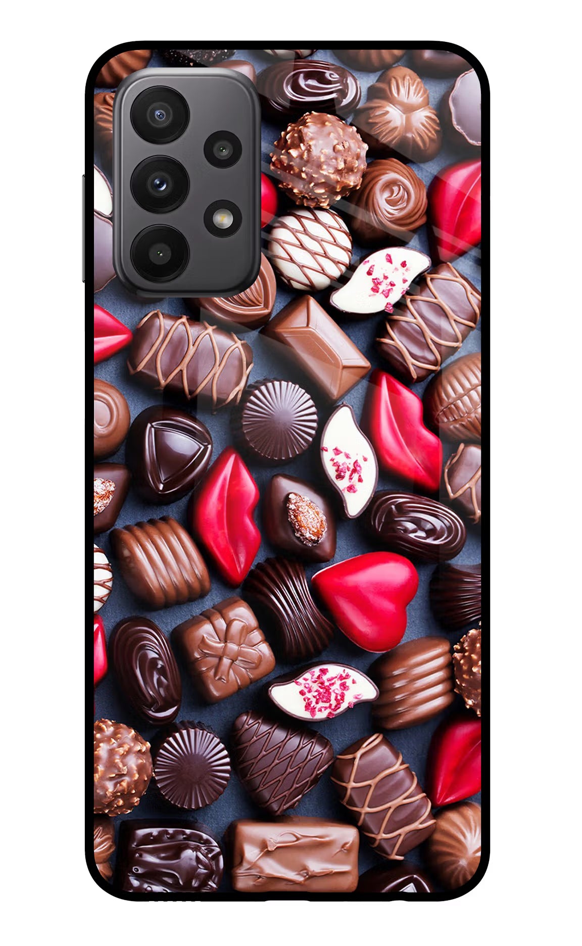Chocolates Samsung A23 Glass Case Back Cover by Casekaro