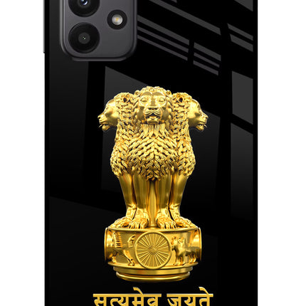 Satyamev Jayate Golden Samsung A23 Glass Case Back Cover by Casekaro
