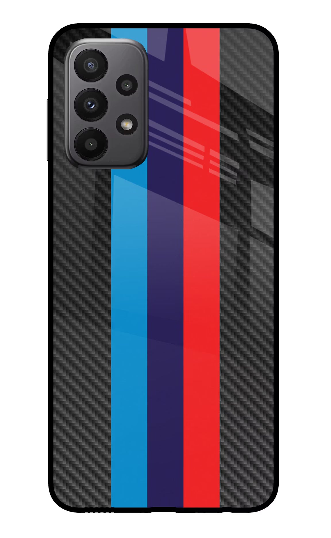 BMW Stripes Pattern Samsung A23 Glass Case Back Cover by Casekaro