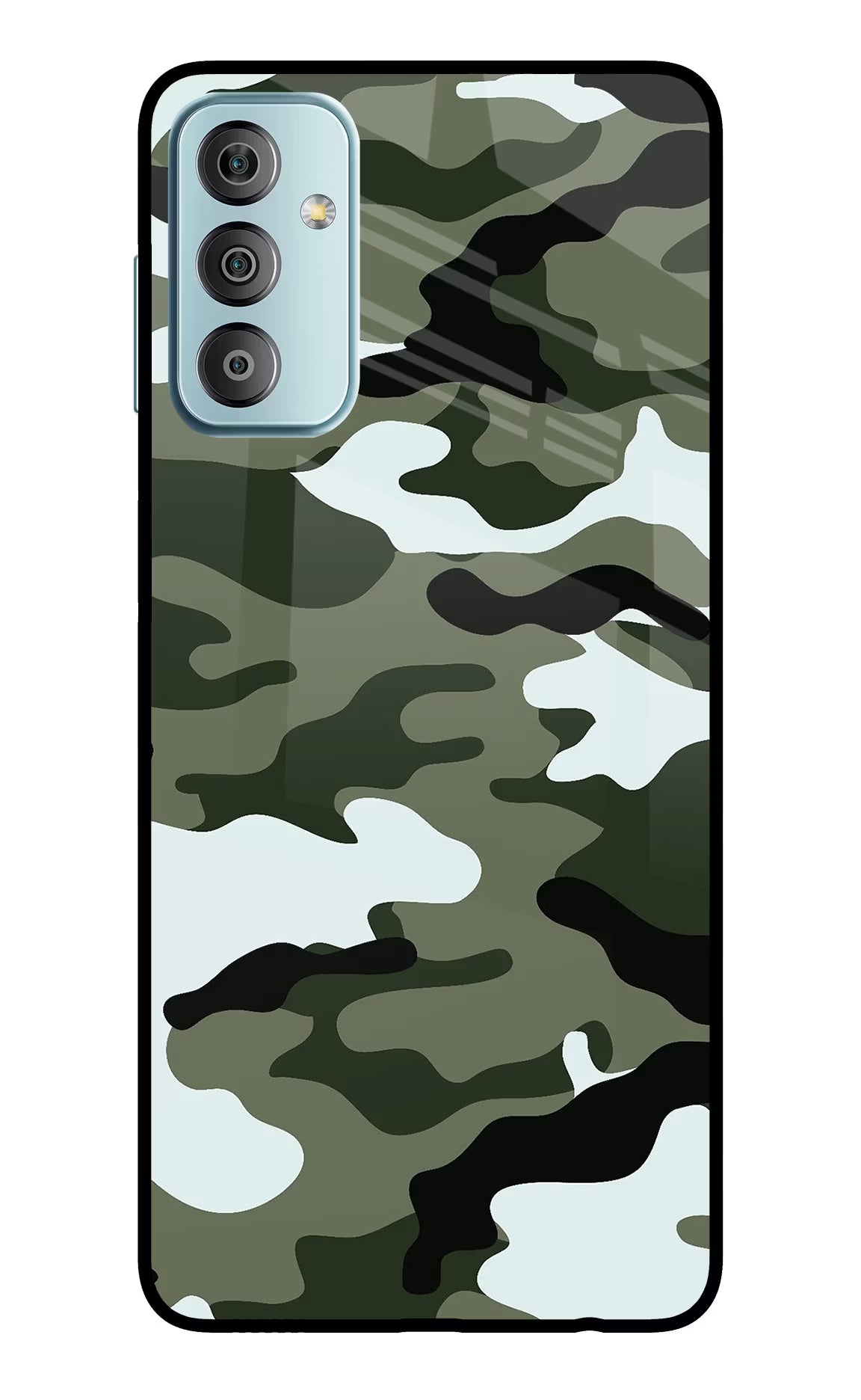 Camouflage Samsung F23 5G Glass Case Back Cover by Casekaro