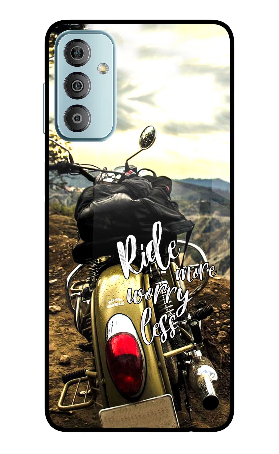 Ride More Worry Less Samsung F23 5G Glass Case Back Cover by Casekaro
