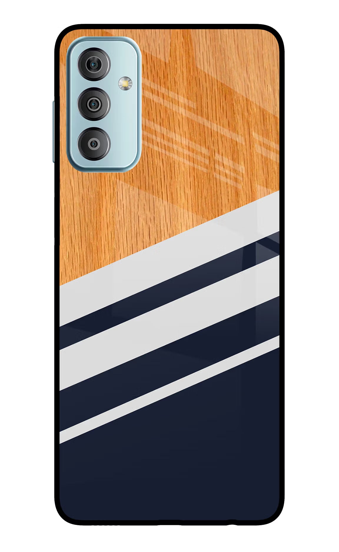 Blue and white wooden Samsung F23 5G Glass Case Back Cover by Casekaro