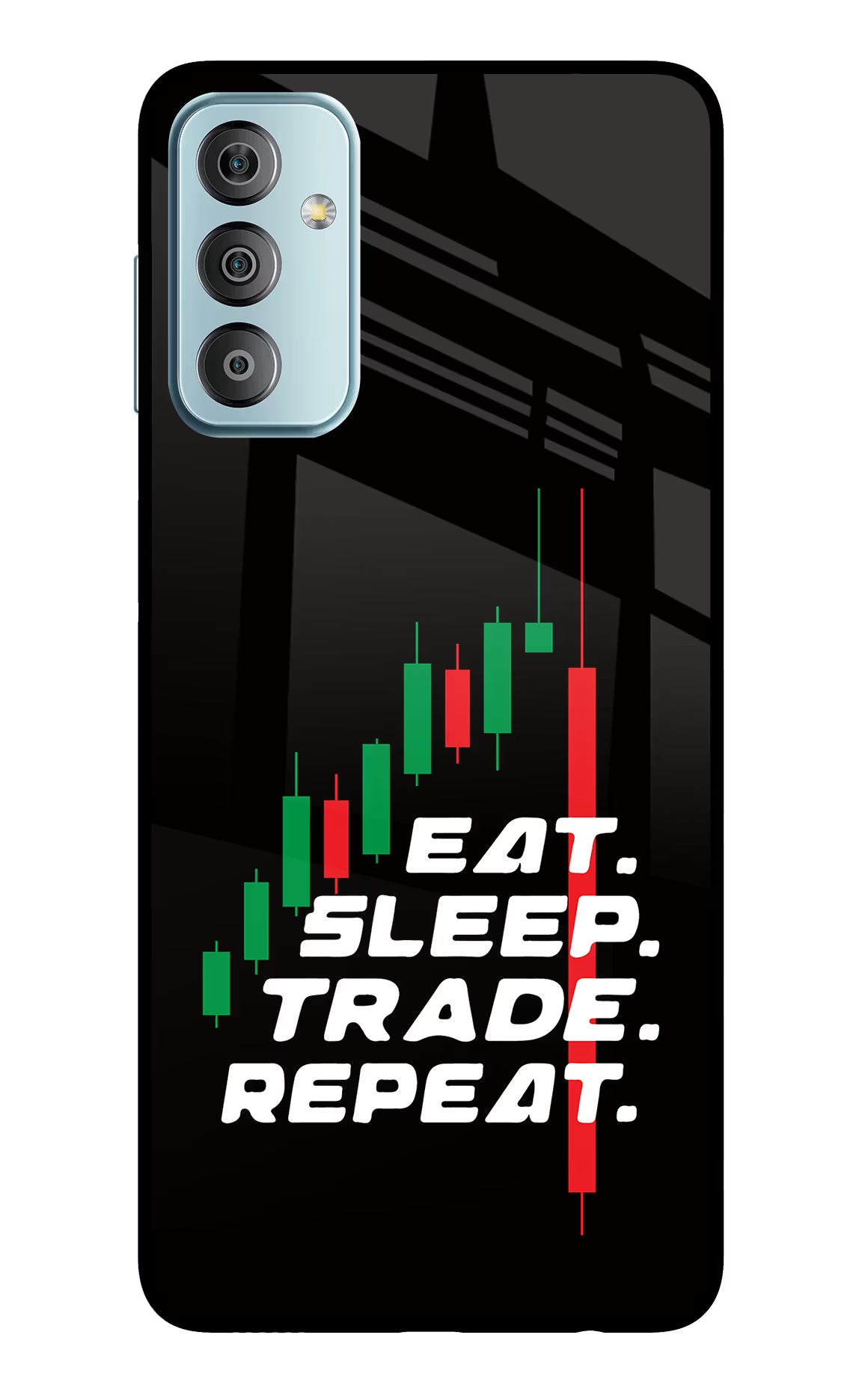 Eat Sleep Trade Repeat Samsung F23 5G Glass Case Back Cover by Casekaro