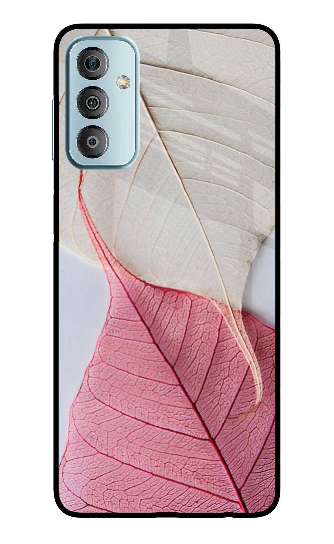 White Pink Leaf Samsung F23 5G Glass Case Back Cover by Casekaro
