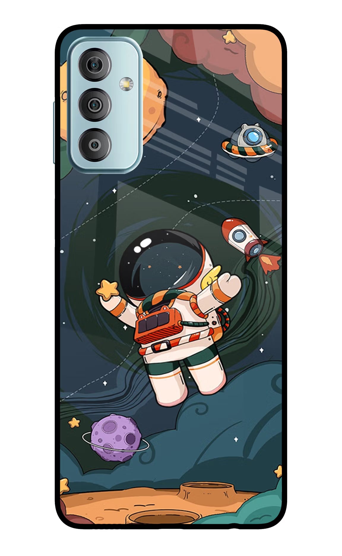 Cartoon Astronaut Samsung F23 5G Glass Case Back Cover by Casekaro