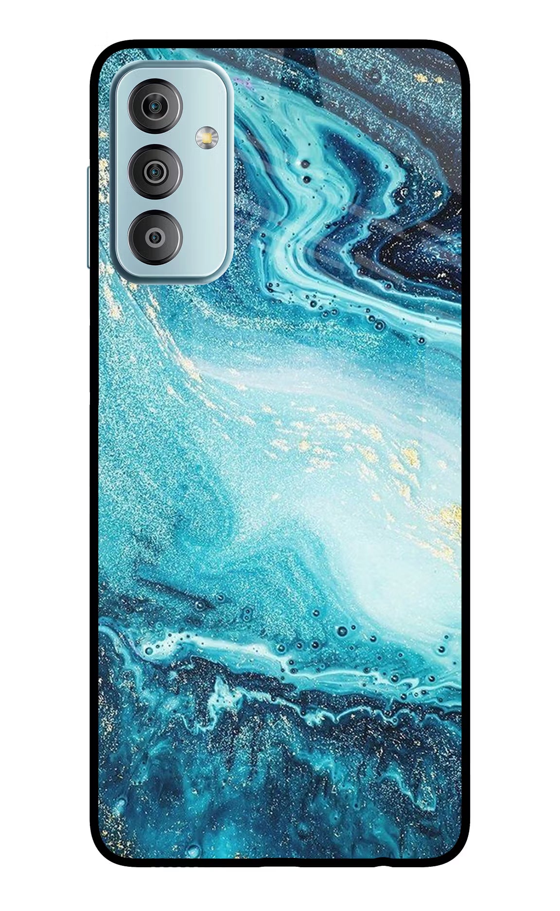 Blue Glitter Marble Samsung F23 5G Glass Case Back Cover by Casekaro