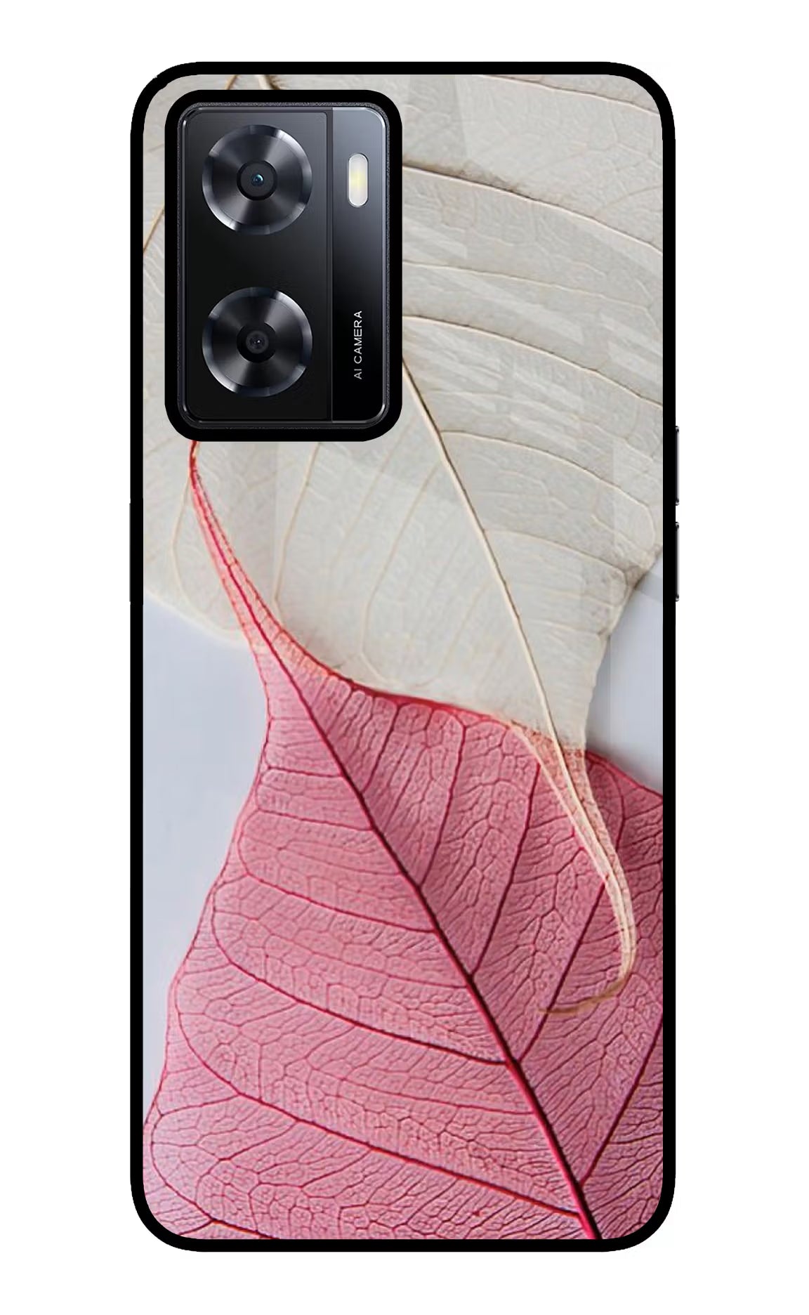 White Pink Leaf Oppo A57 2022 Glass Case Back Cover by Casekaro