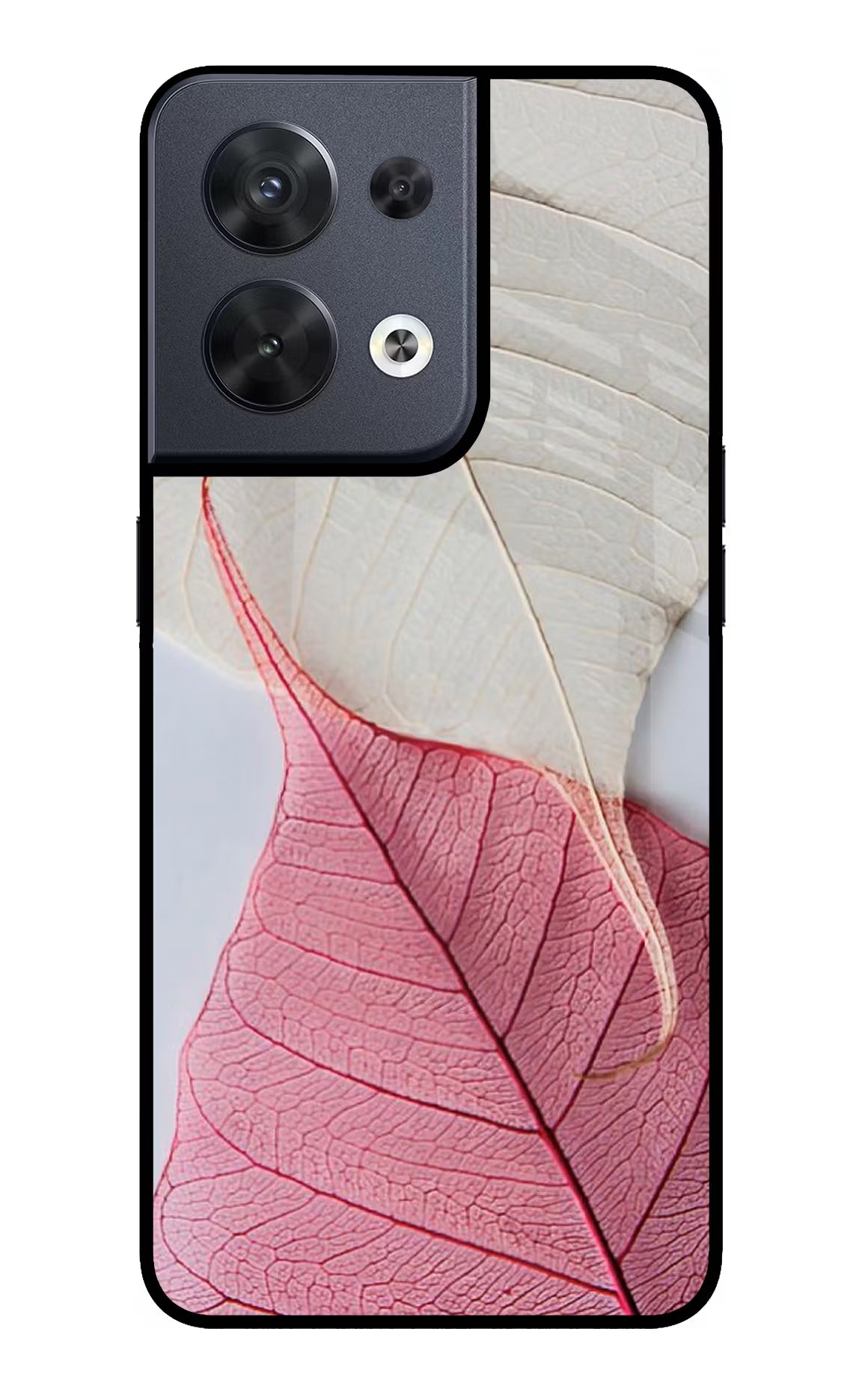 White Pink Leaf Oppo Reno8 Glass Case Back Cover by Casekaro