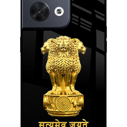 Satyamev Jayate Golden Oppo Reno8 Glass Case Back Cover by Casekaro