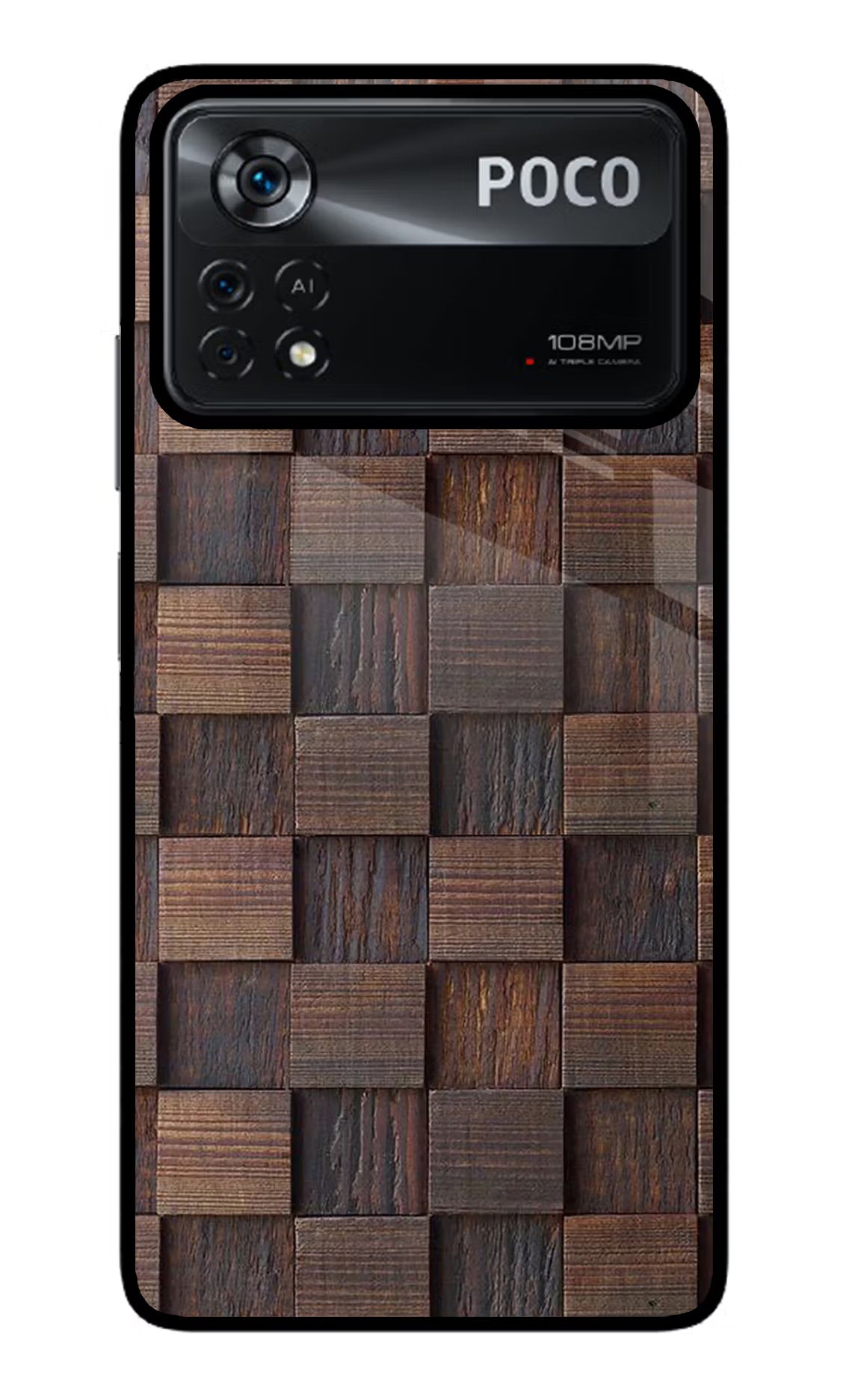 Wooden Cube Design Poco X4 Pro Glass Case Back Cover by Casekaro