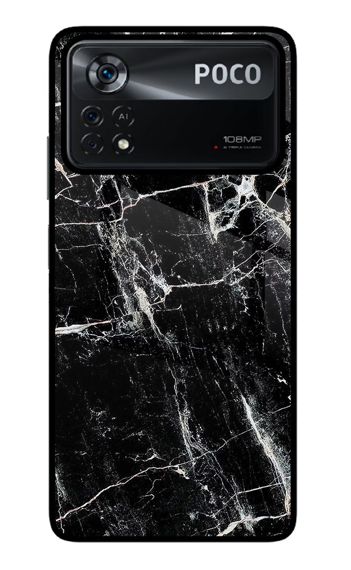 Black Marble Texture Poco X4 Pro Glass Case Back Cover by Casekaro