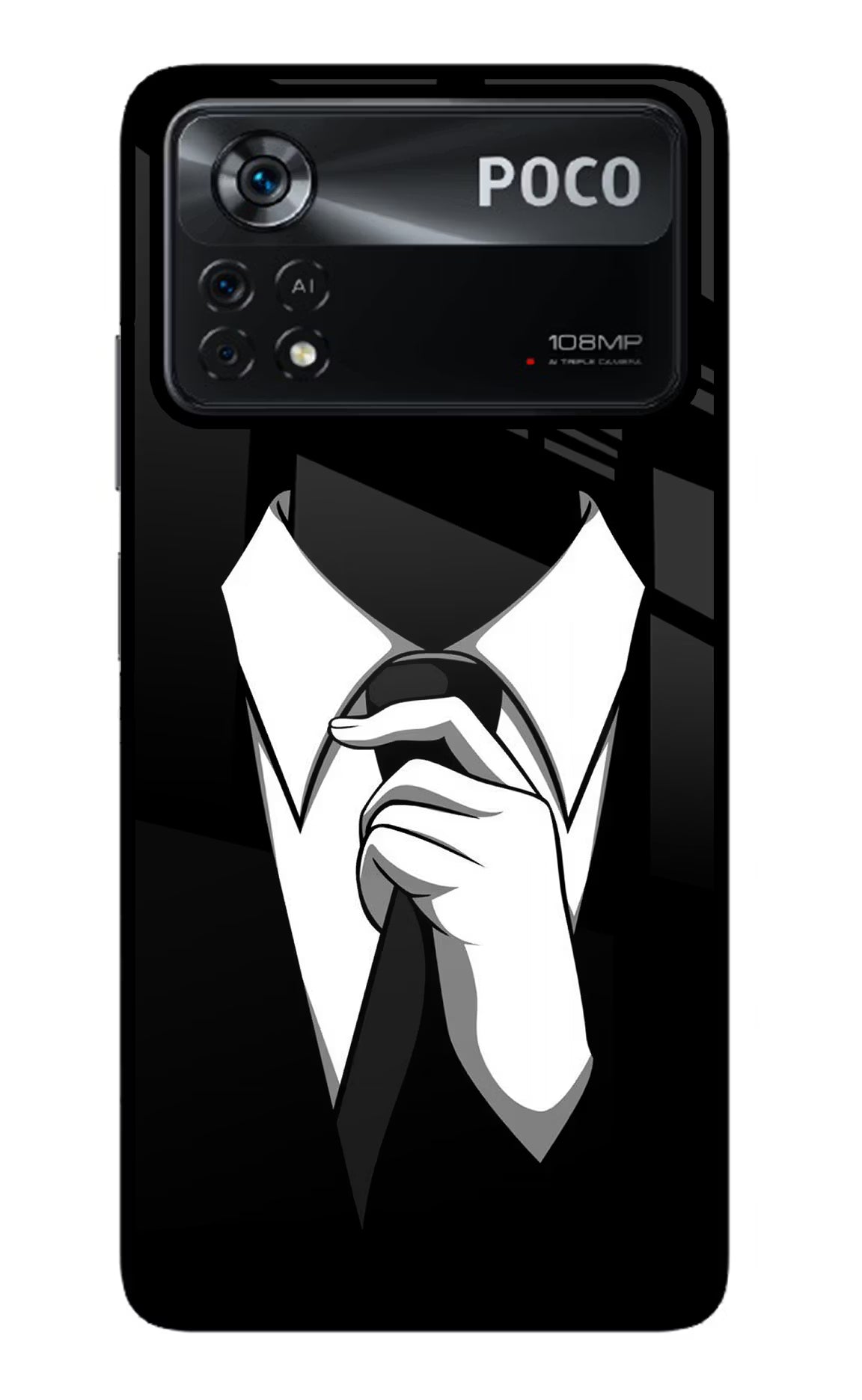 Black Tie Poco X4 Pro Glass Case Back Cover by Casekaro