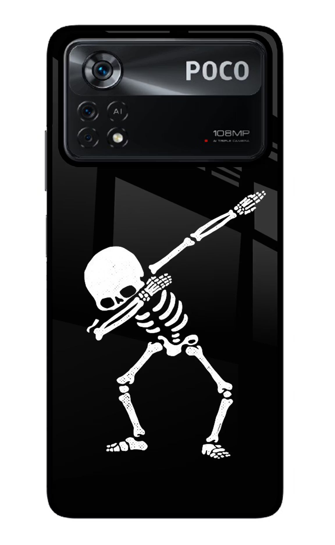 Dabbing Skeleton Art Poco X4 Pro Glass Case Back Cover by Casekaro